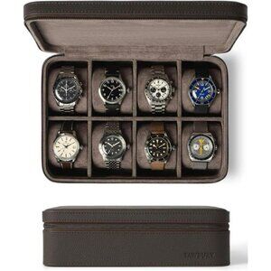 Tawbury Leather Watch Case 8 Slot Travel Watch Box with Zipper Brown